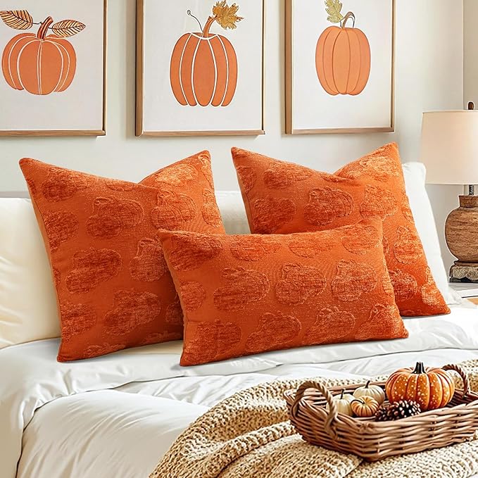 decorUhome Decorative Two Rust Pumpkins Thanksgiving Throw Pillow Covers 12x20 Set of 2, Soft Chenille Jacquard Farmhouse Textured Pillow Covers for Couch Bed Sofa Autumn Harvest Halloween Holiday