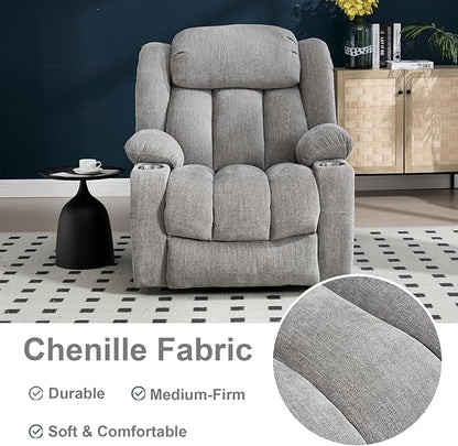 Power Lift Recliner Chair, USB/Type-C Ports & Cup Holders, Heavy Duty Chenille Recliner for Elderly, Light Grey