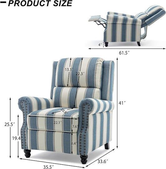 Recliner Chair Set of 2, Modern Pushback Armchair with Adjustable Backrest & Footrest for Bedroom, Living Room-Navy Blue Stripe