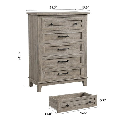 GarveeHome 5 Dresser for Bedroom, 41.3 in Tall Vertical Drawer Dresser with Large Storage, Freestanding Wooden Closet Chest for Bedroom, Living Room, Ash Grey