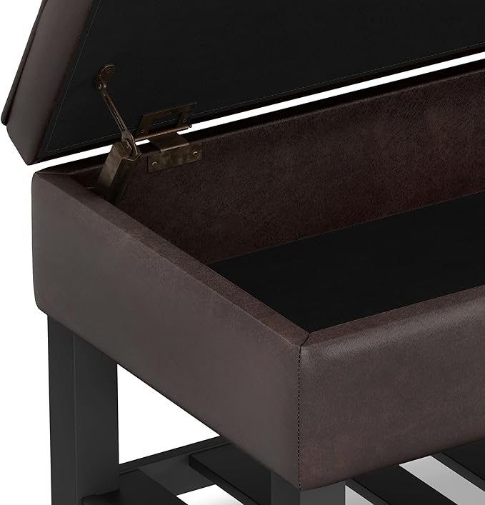 SIMPLIHOME Cosmopolitan 44 inch WideTransitional Rectangle Storage Ottoman Bench with Open Bottom in Distressed Brown Vegan Faux Leather, Assembled for the Living Room and Bedroom