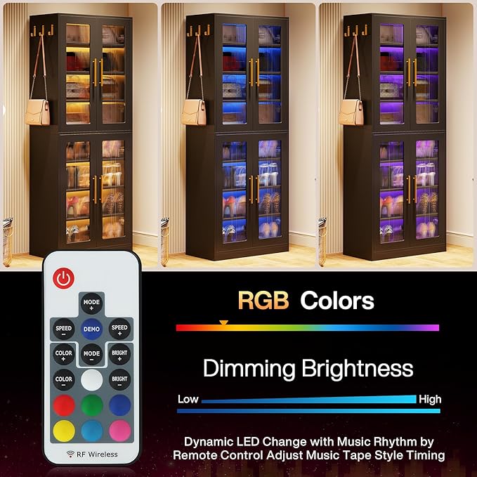 Tribesigns Tall Shoe Storage Cabinet with Acrylic Doors and LED Lights, 8-Tier Shoe Organizer Rack with Adjustable Shelves & Hanging Hooks for Narrow Closet, Hallway, Living Room, Black (Set of 2)