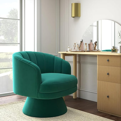 Swivel Accent Chair,Upholstered Velvet 360° Swivel Barrel Chair for Living Room Overstuffed Bouncle Reading Chair Round Armchair for Bedroom,Vanity,Office (Dark Green)