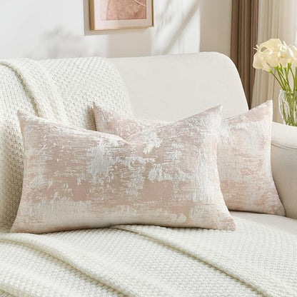 FUTEI Pink White Decorative Throw Pillow Covers 12x20 Inch Set of 2,Soft Faux Cashmere Jacquard - Textured & Cozy Pillow Case,Modern Home Decor for Couch Bed Living Room