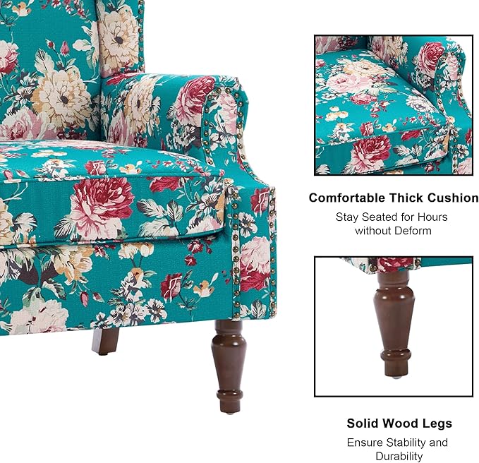 Accent Chair, Upholstered High Back Floral Armchair with Nailhead Trim & Wood Legs, Comfy Wingback Reading Single Sofa Chair for Small Spaces, Living Room, Bedroom ( Peacock Blue Floral, Set of 2)