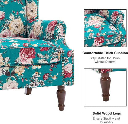 Accent Chair, Upholstered High Back Floral Armchair with Nailhead Trim & Wood Legs, Comfy Wingback Reading Single Sofa Chair for Small Spaces, Living Room, Bedroom ( Peacock Blue Floral, Set of 2)