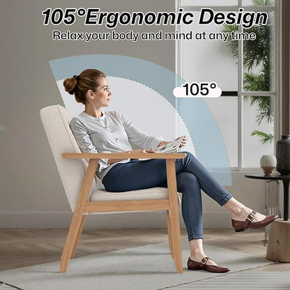 Modern Accent Chairs Set of 2, Upholstered Linen Fabric Leisure Chairs with Backrest Button and Wooden Frame for Living Room Bedroom Reading (Beige)