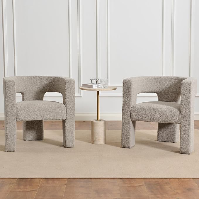 KINWELL 28" W Boucle Accent Chair Armchairs Set of 2, Upholstered Square Open-Back Barrel Chair, No Assembly Side Chair ArmChairs for Living Room Bedroom Lounge (Oatmeal)