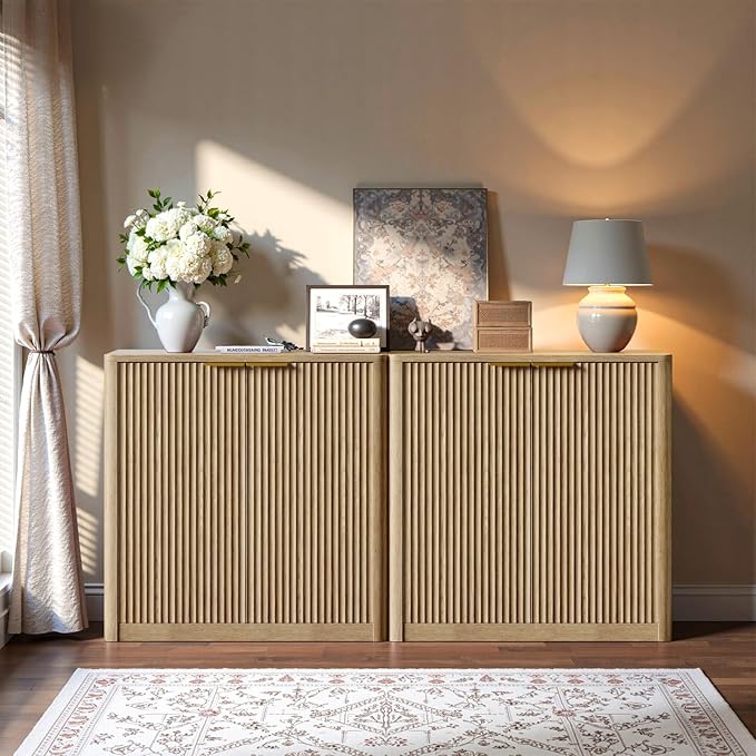 Evermagin 31.5" Oak Buffet Cabinet with Storage, Small Sideboard Cabinet, Boho Accent Credenza, Fluted Console Table with Doors for Dining Room, Kitchen, and Living Room