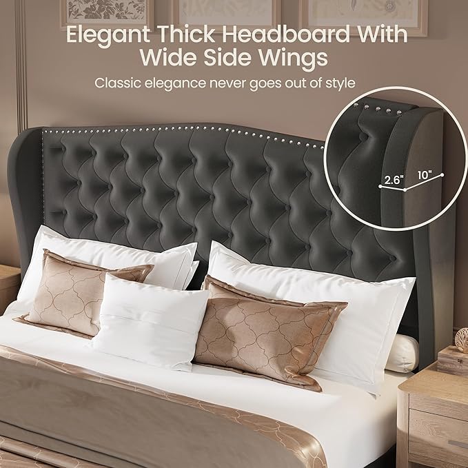 LARMACE Queen Size Bed Frame Velvet Upholstered Platform Bed with Wingback Headboard & Footbaord, Deep Button Tufted Bed Frame with Wood Slats Support, No Box Spring Needed, Grey
