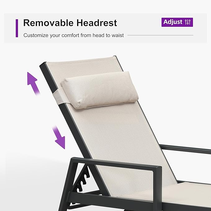 PURPLE LEAF Patio Lounge Chair Set of 3 Outdoor Chaise Lounger Aluminum Frame with Armrest Side Table and Wheels for Pool Outside Sunbathing Tanning Recliner Including Pillows Beige