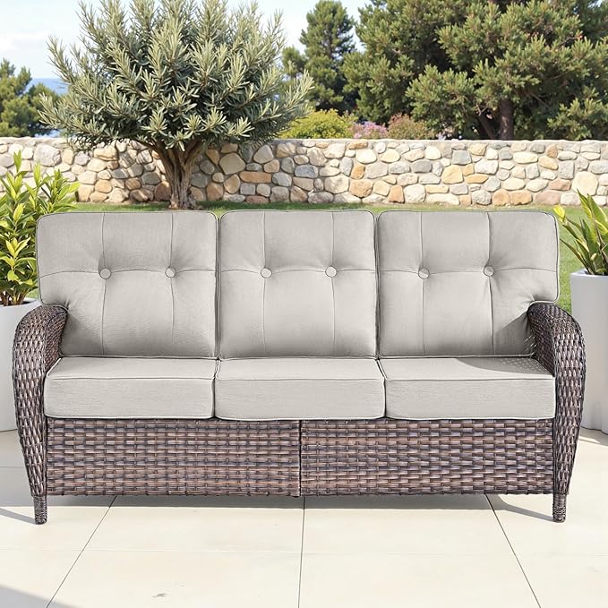 6-Piece Rotating Balcony Chair Set with 31-inch T-Shaped Wide backrest - Rattan Outdoor Rotating Balcony Chairs, Wide backrest Comfortable Outdoor Sliding Chair - Brown | Beige
