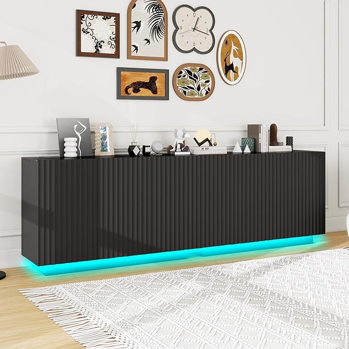 47" Black Fluted Sideboard Buffet Cabinet with Storage and LED Light,Marble Pattern Top Credenza Accent Cabinet with Fast Charging Station,Storage Cabinet for Living Room,Dining Room,Hallway