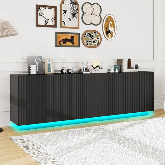 47" Black Fluted Sideboard Buffet Cabinet with Storage and LED Light,Marble Pattern Top Credenza Accent Cabinet with Fast Charging Station,Storage Cabinet for Living Room,Dining Room,Hallway