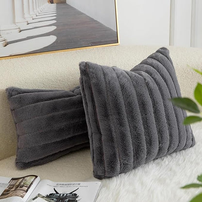 Pack of 2 Faux Fur Throw Pillow Covers 22x22 Inch Striped Decorative Soft Plush Couch Pillow Case Home Decor for Bed, Sofa, Living Room Darkgrey