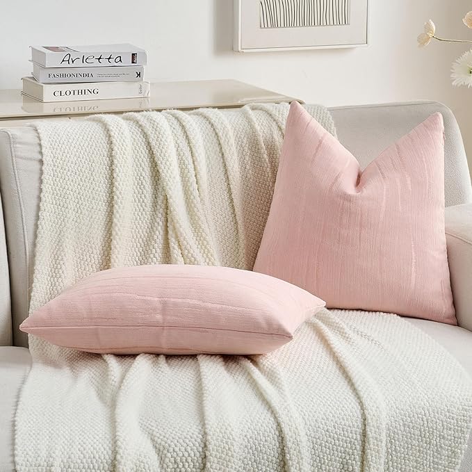FUTEI Pink Chenille Decorative Throw Pillow Covers 26x26 Inch Set of 2,Soft Embossed Striped Textured Euro Pillow Shams,Modern Home Decor for Couch Bed Living Room