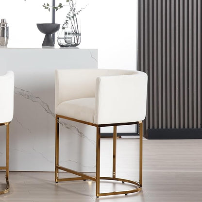 Contemporary Cream Velvet Bar Stool, 24" Upholstered Fabric Counter Height Barstool Kitchen Counter Island Stool with Screwed Together Golden Metal Base