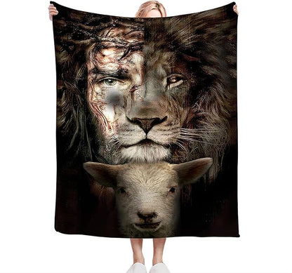 Christian Jesus Lion and Lamb Throw Blanket - Religious Gifts and Decor for Men Women Adults - Soft Warm Cozy Fleece for Couch Sofa Bed 80"x60"