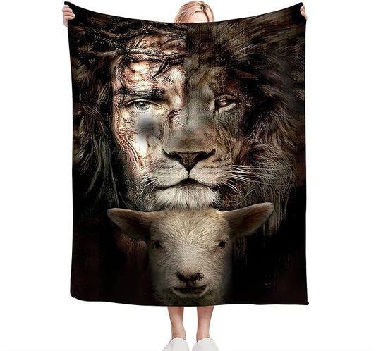 Christian Jesus Lion & Lamb Throw Blanket - Soft, Warm, Cozy Fleece for Men, Women, Adults - 50"x40"
