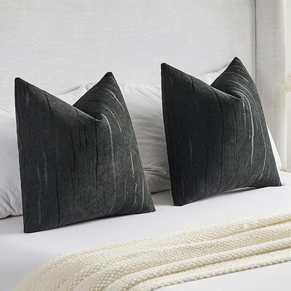 FUTEI Black Chenille Decorative Throw Pillow Covers 24x24 Inch Set of 2,Soft Embossed Striped Textured European Cushion Case,Modern Home Decor for Couch Bed Living Room