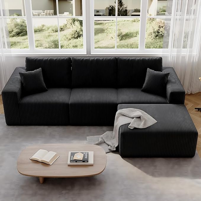 110" Boneless Cloud Sectional Couch for Living Room, Compressed Modular L-Shaped Sofa with Deep Seat, Frameless Corduroy Couch in Boxes, No Assembly Required 3-Seater (Right-Facing Chaise, Black)
