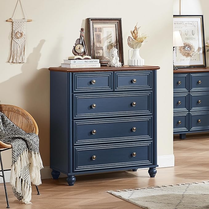 Farmhouse Dresser and Nightstand Sets 4 Piece, Wooden 7 Drawer Dresser & 35" Tall Chest of Drawers, 18" Roman Column Nightstand Set of 2, Bedroom Furniture Dressers Sets for Home Living Room