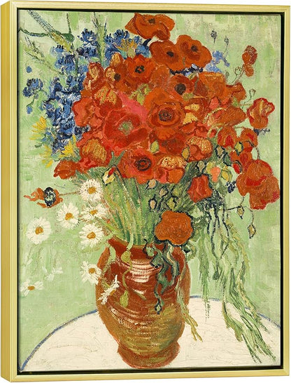 Wieco Art Framed Art Red Poppies and Daisies Canvas Prints Wall Art of Van Gogh Famous Floral Paintings Reproduction Abstract HD Classical Flowers Pictures Artwork