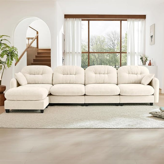 140" L Shaped Sofa for Living Room, Comfy Chenille Fabric Cloud Sectional Couch, Modern Upholstered Deep Seat Sofa with Pillow and Movable Ottoman, Oversized 4 Seater Sectional Sofa, Beige