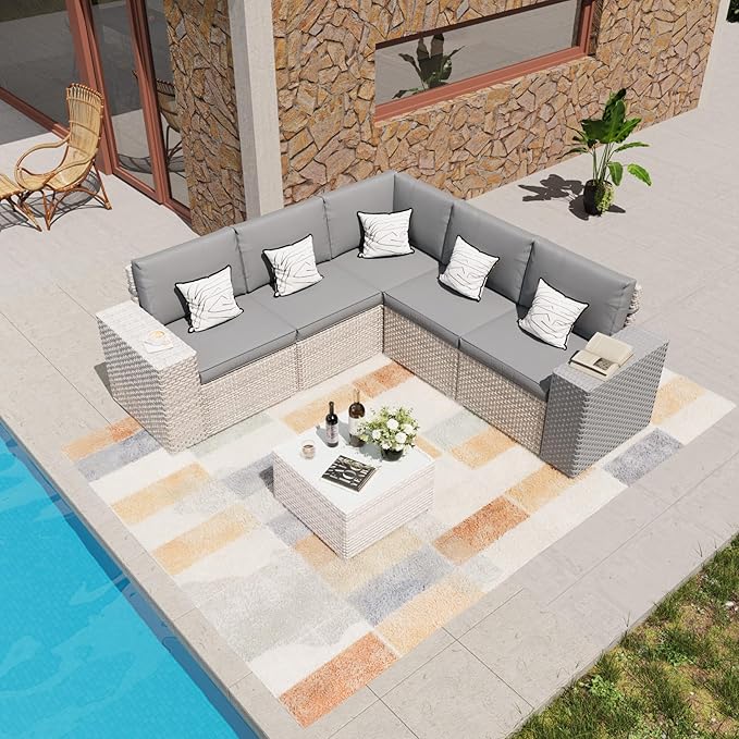6-Piece Patio Furniture Set, Outdoor Extra Wide Armrest Modular Patio Sofa, Dual-Strand Rattan Wicker, Rust-Resistant Frame, Backyard High Back, Large Seat Furniture for Porch Garden Balcony, Grey