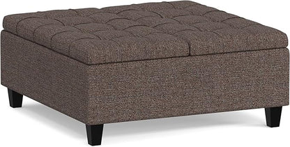 SIMPLIHOME Harrison 36 inch Wide Transitional Square Coffee Table Storage Ottoman in Mink Brown Tweed Look Fabric, Assembled, for the Living Room and Bedroom
