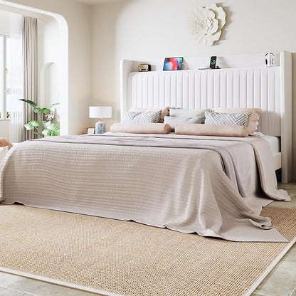 Allewie King Size Platform Bed Frame with USB Charging Station and Storage Shelf/Upholstered Velvet Wingback Headboard/Wooden Slats Support/No Box Spring Needed/Easy Assembly, White