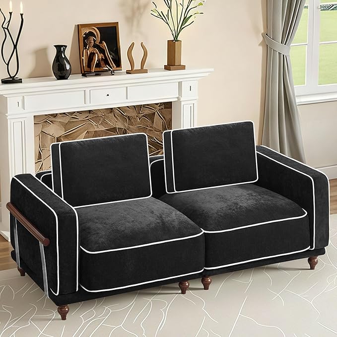 80" Loveseat Sofa Cloud Modular Sectional Couch,Deep Love Seat Couch with Armrests Wooden Legs,2 Seater Comfy Thicked Cushion Upholstered Sofa for Living Room Bedroom,Black