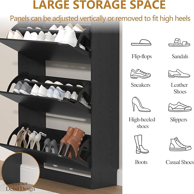 Shoe Storage Cabinet with 3 Flip Drawers, Slim Hidden Wood Shoe Cabinet Storage for Entryway, Freestanding Narrow Shoe Rack Organizer with Adjustable Shelves for Foyer, Hallway, Black