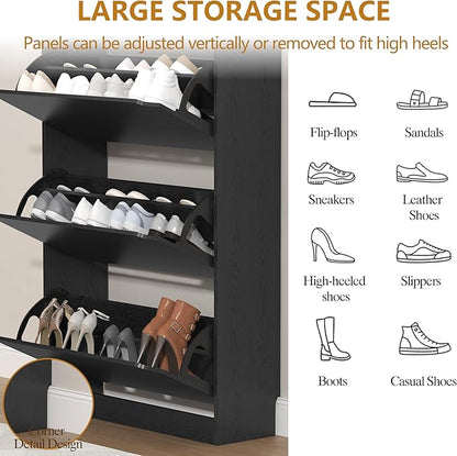 Shoe Storage Cabinet with 3 Flip Drawers, Slim Hidden Wood Shoe Cabinet Storage for Entryway, Freestanding Narrow Shoe Rack Organizer with Adjustable Shelves for Foyer, Hallway, Black
