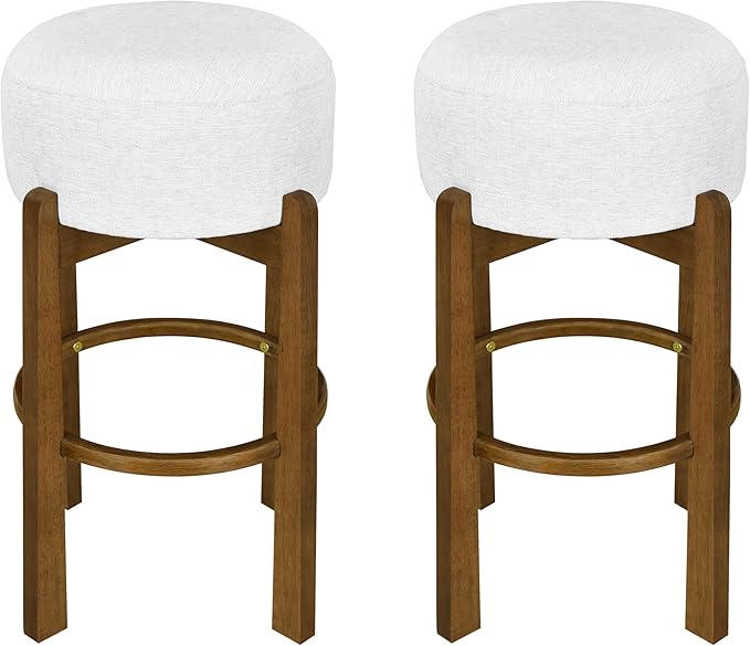 Christopher Knight Home Lera Modern Counter Height Bar Stools Set of 2, Fabric Round Stool Chair for Kitchen Island, Wooden Dining Room Chair, Upholstered Counter Stool with Footrest,Dark Walnut+Ivory
