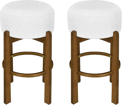 Christopher Knight Home Lera Modern Counter Height Bar Stools Set of 2, Fabric Round Stool Chair for Kitchen Island, Wooden Dining Room Chair, Upholstered Counter Stool with Footrest,Dark Walnut+Ivory