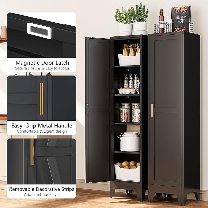 Tall Narrow Storage Cabinet, 67" Single Door Metal Storage Locker Cabinet, Freestanding Tall Kitchen Pantry Cabinets for Small Space