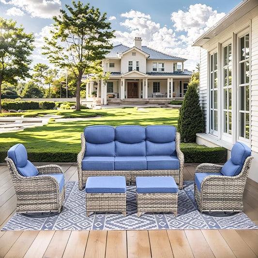 HUMMUH Wicker Patio Furniture Set 6 Inch Thick Cushion Outdoor Swivel Rocker Patio Chairs with Deep Seat Sofa 5PCS Outdoor Furniture Set for Porch Garden Deck