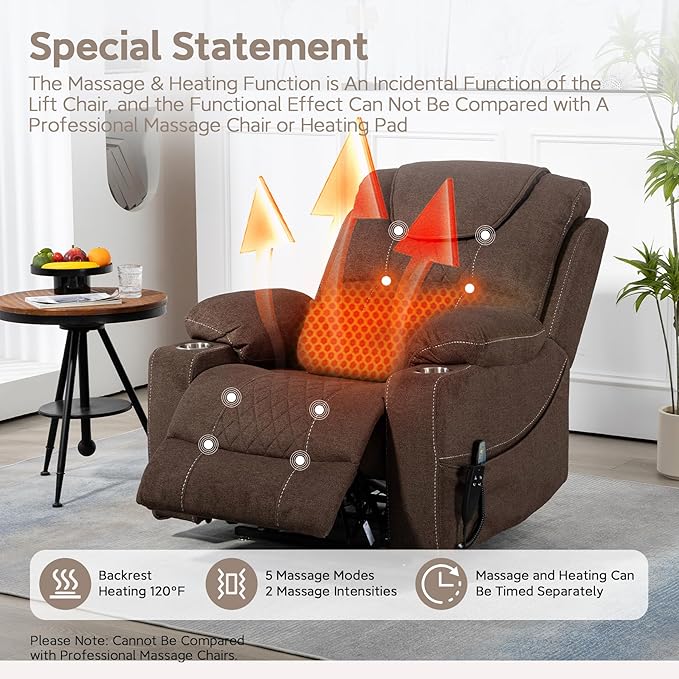 Power Lift Lazy Boy Recliner Chair, 2 Motor Flat Recliner, Nursing Lift Chair with Massage and Lumbar Heating, Adult Power Recliner with Side Pockets, Folding Table, Remote Control