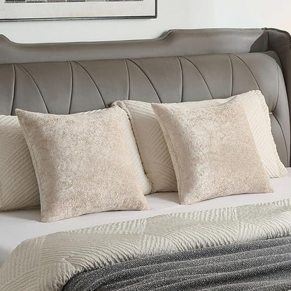 FUTEI Beige Flannel Throw Pillow Covers 18x18 Inch Set of 2,Soft Dimensional Textured Cushion Cases,Modern Home Decor for Couch Living Room