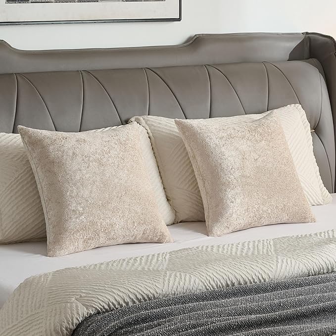FUTEI Beige Flannel Throw Pillow Covers 22x22 Inch Set of 2,Soft Dimensional Textured Cushion Cases,Modern Home Decor for Couch Living Room