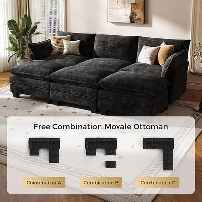 KKL 91.3" Large Modular Sectional Sofa Bed, 6 Seater Convertible J/L-Shaped Sleeper Cloud Couch with Ottoman, Chenille Sectional Couches for Living Room, Apartment, Black
