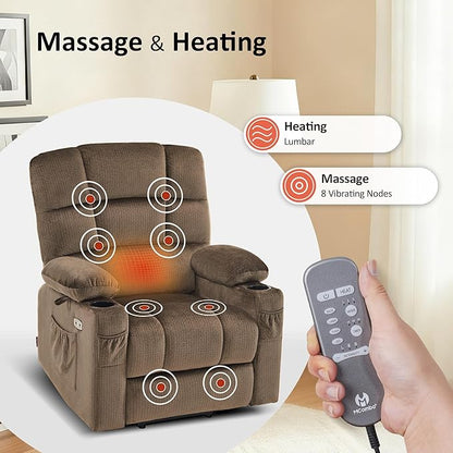 MCombo Dual Motor Power Lift Recliner Chair with Massage and Heat for Elderly People, Infinite Position, USB Ports, Cup Holders, Fabric 7679 (Medium, Brown)