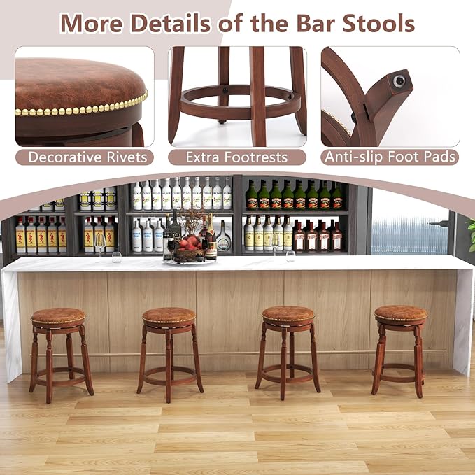 COSTWAY Round Swivel Wooden Bar Stools Set of 4, 24-inch Upholstered Backless PU Leather Farmhouse Counter Chairs with Footrest, Decorative Rivets for Kitchen Island, Dining Room, Walnut