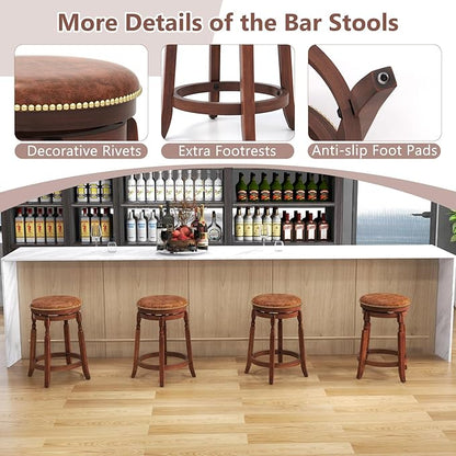 COSTWAY Round Swivel Wooden Bar Stools Set of 4, 24-inch Upholstered Backless PU Leather Farmhouse Counter Chairs with Footrest, Decorative Rivets for Kitchen Island, Dining Room, Walnut