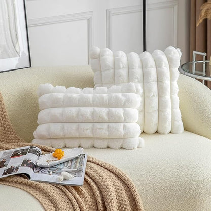 Neelvin Cream White Faux Fur Cozy Soft Plaid Decorative Throw Pillow Covers 22x22 inch Set of 2,Velvet Pillowcase Cushion Case for Sofa Couch