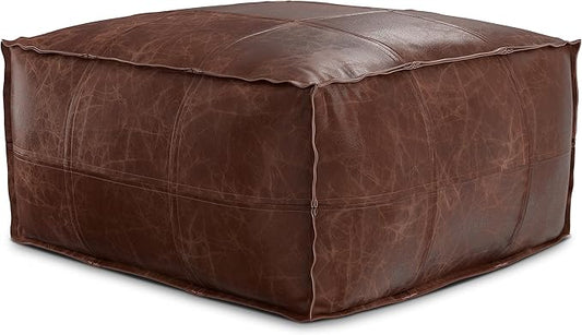 SIMPLIHOME Sheffield Boho Square Pouf in Distressed Brown Leather for the Living Room, Bedroom and Kids Room