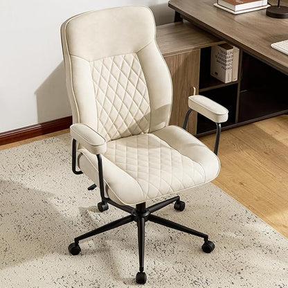 Leather Home Office Desk Chairs, Comfy Office Chair, Mid Century Modern Office Chair with Lumbar Support, Mid-Back Adjustable Swivel Computer Chair with Wheels and Arms, Beige