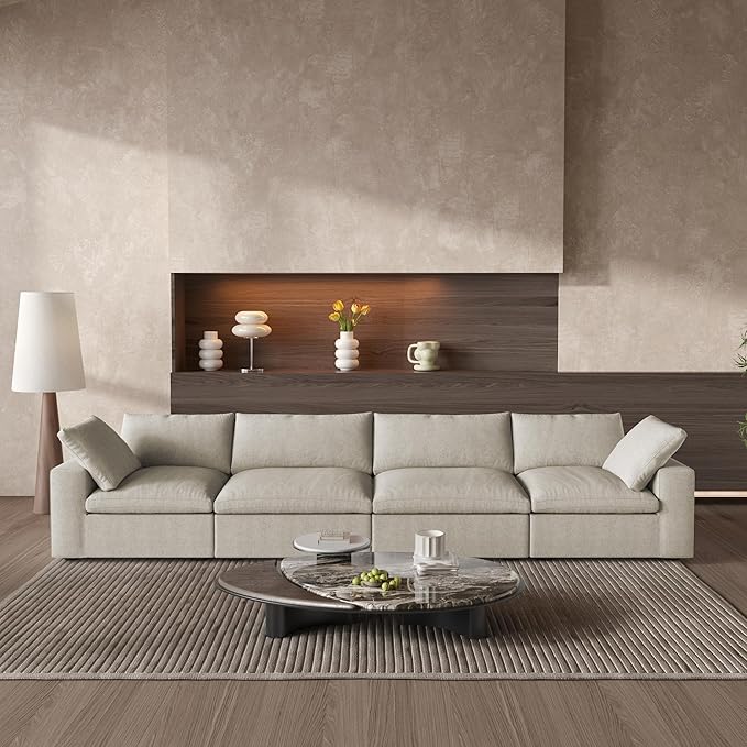 160.6" Cloud Modular Sectional Sofa with Thick Cushion, Wide 4-Seater Minimalist Sofa Couch,Convertible Couch Deep Seat Couches for Modern Living Room Sets (Khaki, 4 Seater)