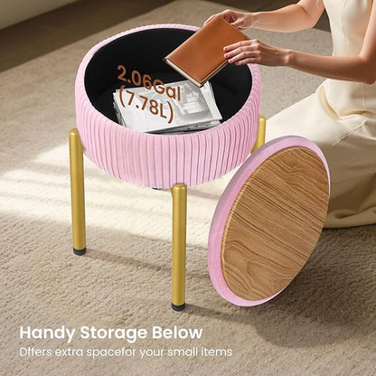 18-Inch Velvet Vanity Stool Chair with Storage, Vanity Bench with 4 Golden Metal Legs & Anti-Slip Adjustable Feet,Round Storage Ottoman Stool with Removable Soft Padded Seat, Pink